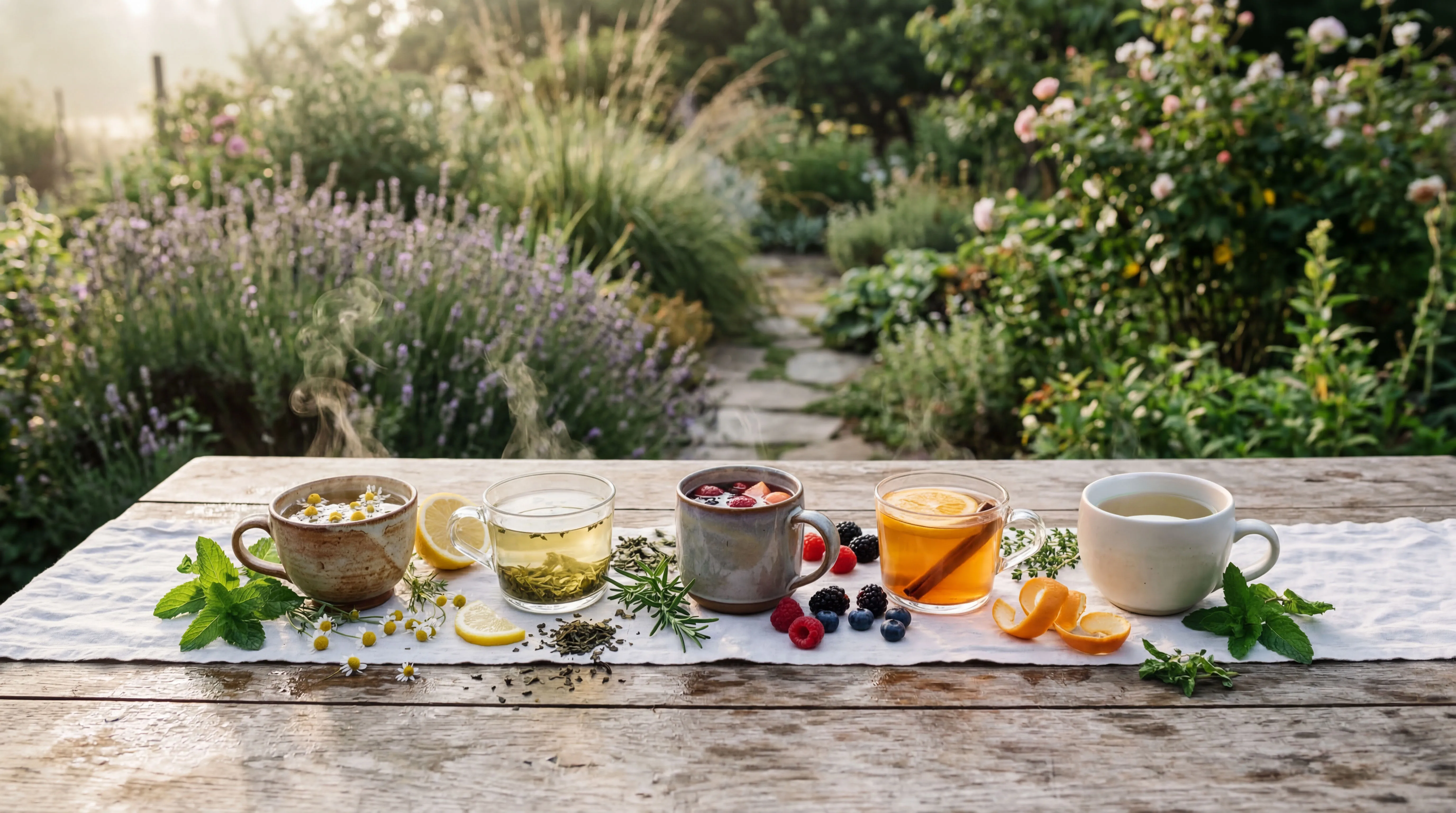 Verschiedene Fio Tea Sorten auf einem rustikalen Tisch im Kräutergarten
