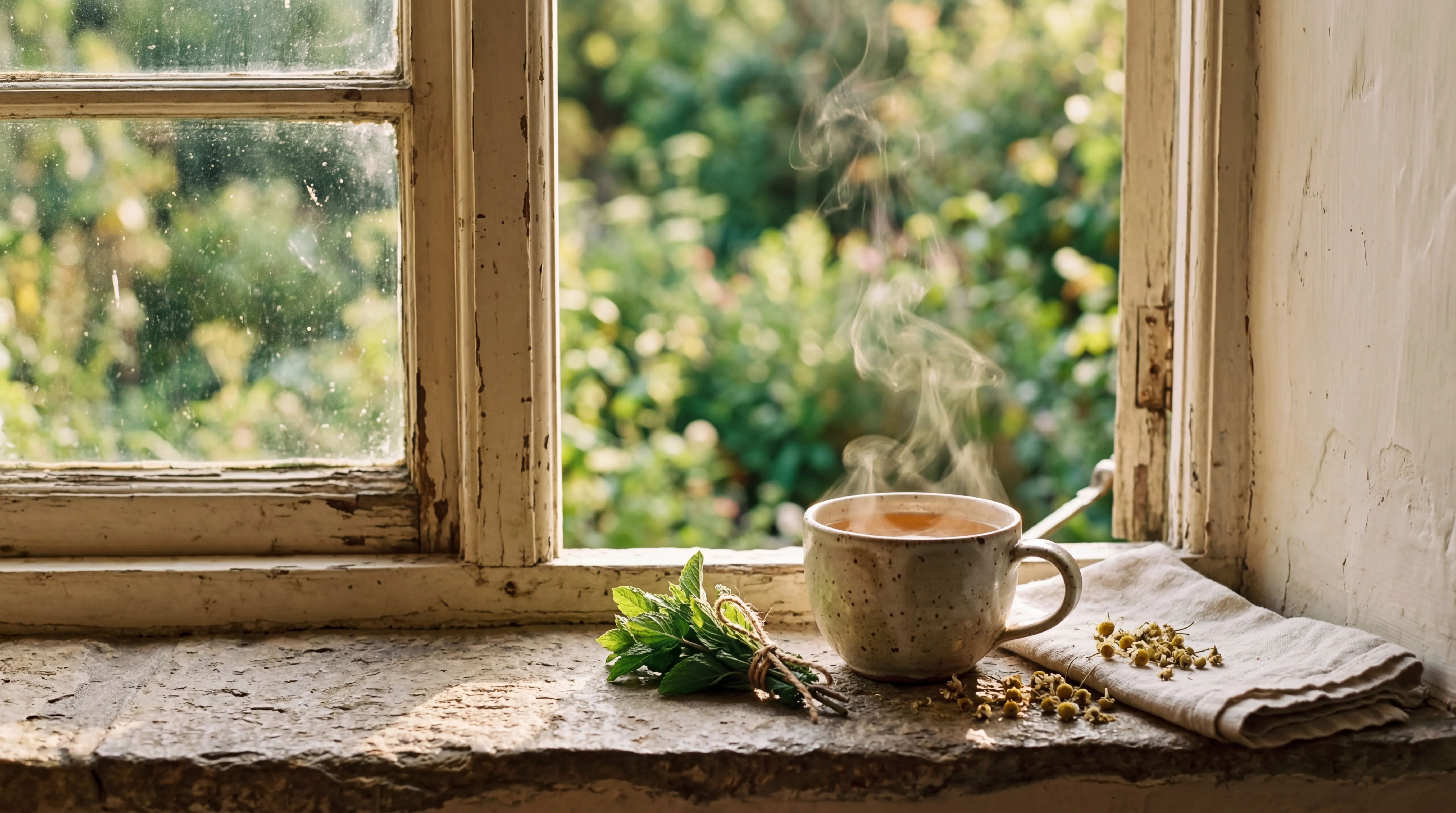 Dampfende Teetasse auf einer Fensterbank im warmen Nachmittagslicht
