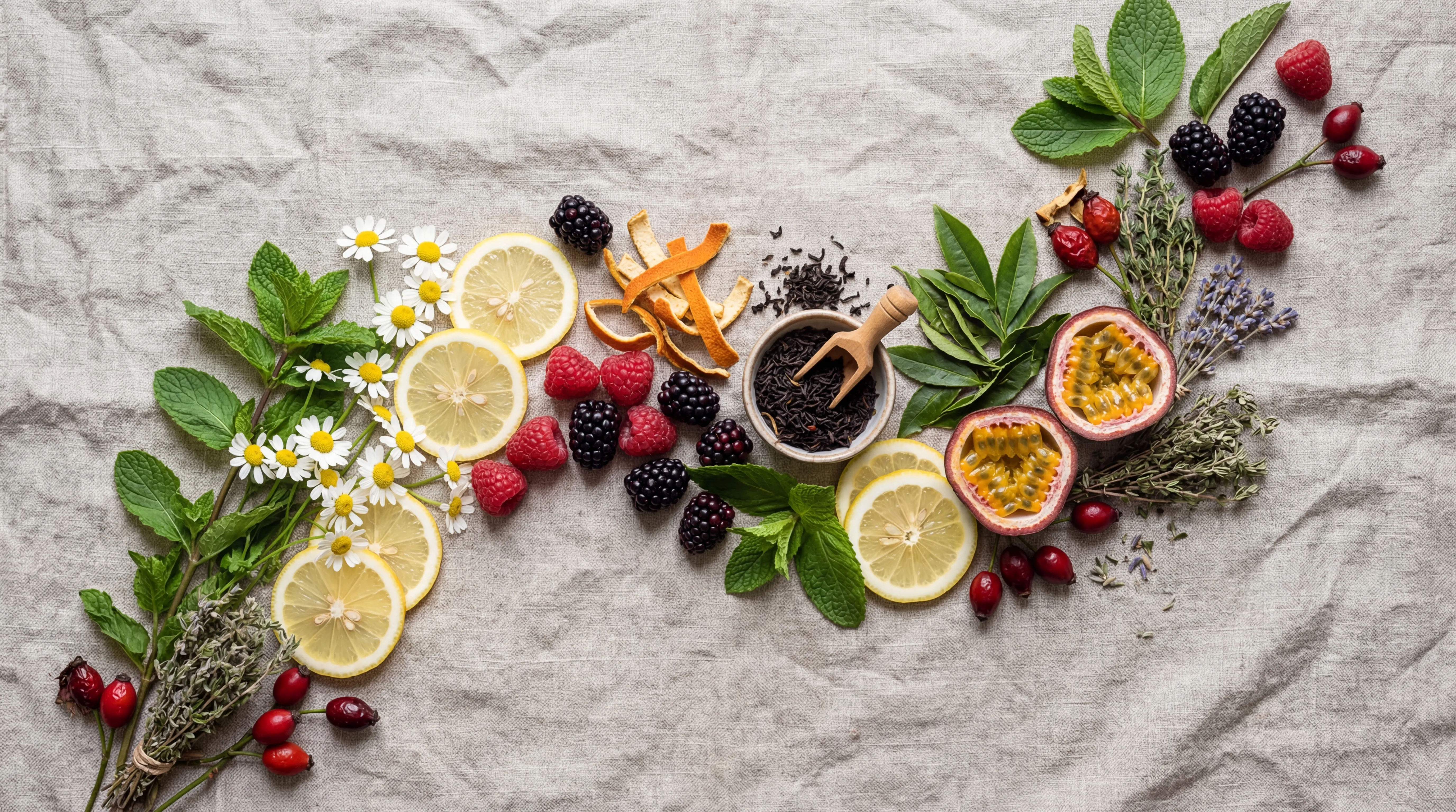Frische Kräuter, Blüten und Früchte als Zutaten für Fio Tea
