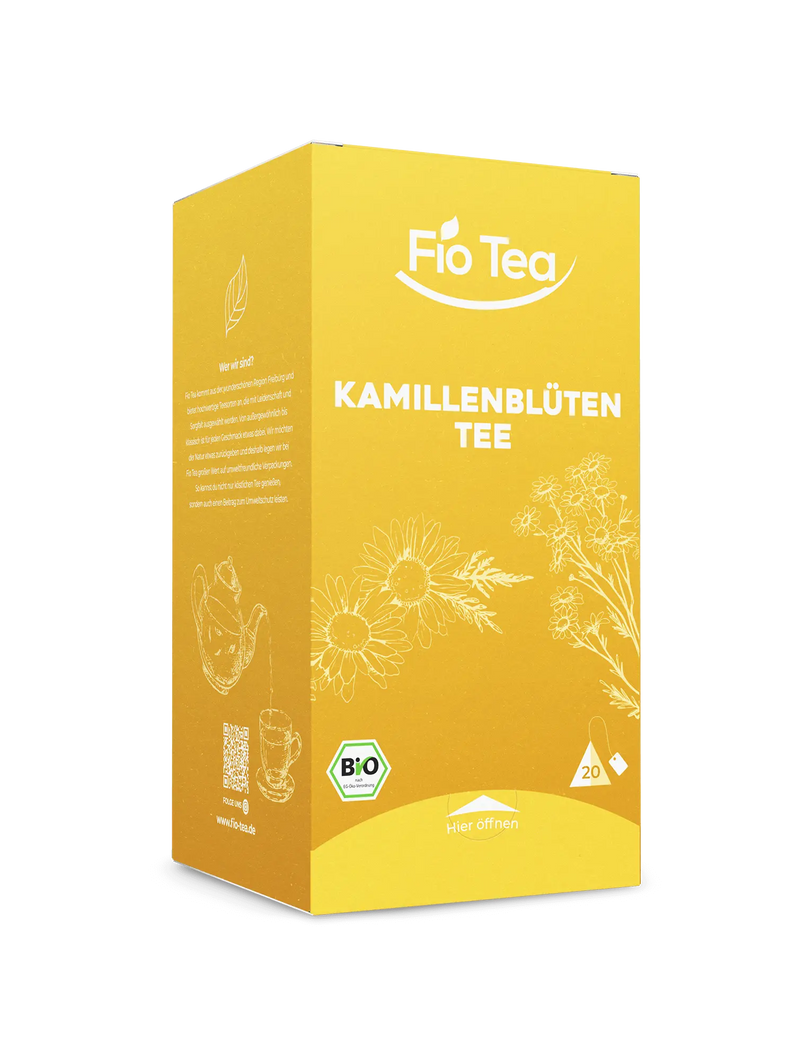 Bio Kamillenblüten Tee aus der Region Freiburg - nachhaltiger beruhigender Entspannungstee in kompostierbaren Pyramidenbeuteln von Fio Tea