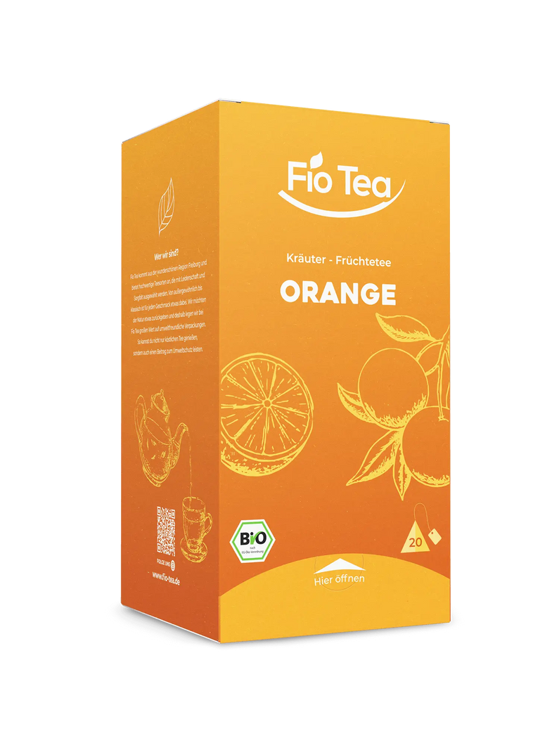 Bio Orange Tee aus Südbaden - nachhaltiger erfrischender Zitrus-Früchtetee in kompostierbaren Pyramidenbeuteln von Fio Tea