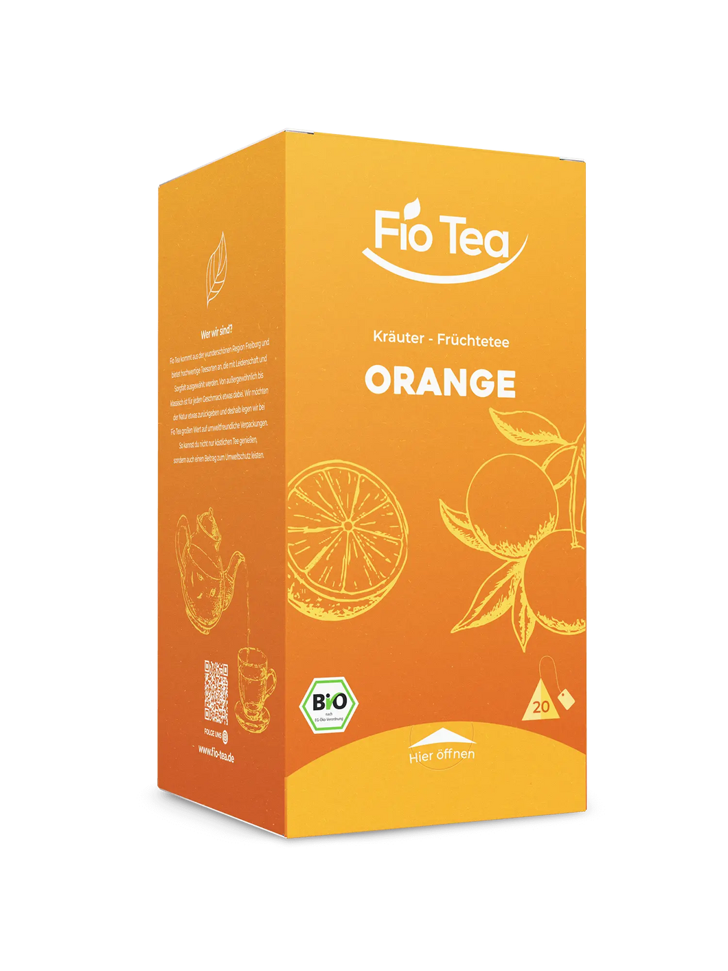 Bio Orange Tee aus Südbaden - nachhaltiger erfrischender Zitrus-Früchtetee in kompostierbaren Pyramidenbeuteln von Fio Tea