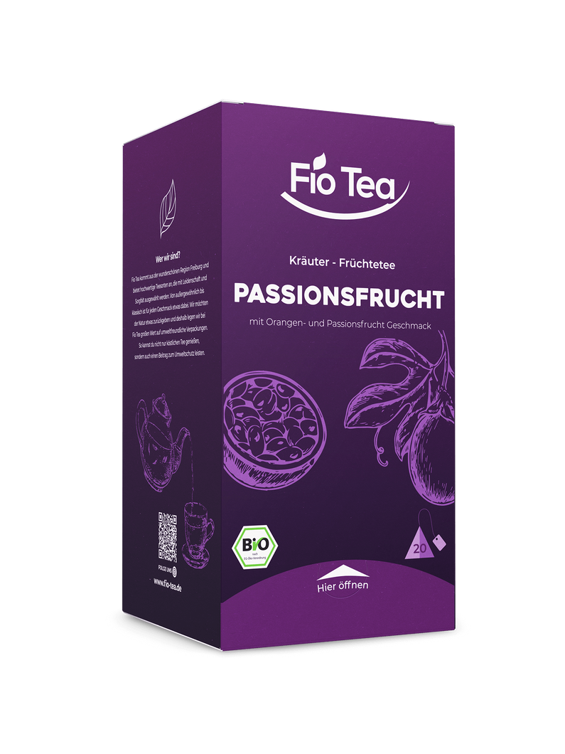 Bio Passionsfrucht Tee aus Baden-Württemberg - nachhaltiger exotischer Früchtetee in kompostierbaren Pyramidenbeuteln von Fio Tea